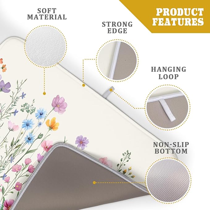 Giwawa Spring Floral Dish Drying Mat 18"x24" Watercolor Summer Wildflower Dish Drainer Mats Herb Flower Reversible Absorbent Dish Drying Pad Decor for Kitchen Countertop Dining Room