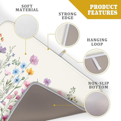 Giwawa Spring Floral Dish Drying Mat 18"x24" Watercolor Summer Wildflower Dish Drainer Mats Herb Flower Reversible Absorbent Dish Drying Pad Decor for Kitchen Countertop Dining Room