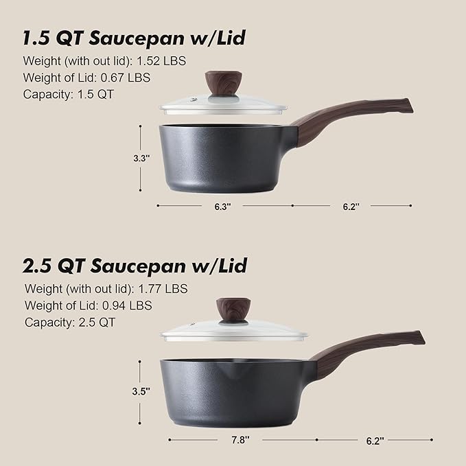 SENSARTE 1.5 & 2.5 Quart Sauce Pan Sets with Lid, Cooking Pots Set, Nonstick Saucepan Set with Pour Spout, Small Kitchen Pot, Non toxic Saucepot, Induction Comptable, Easy to Clean, PFOA Free - Image 7