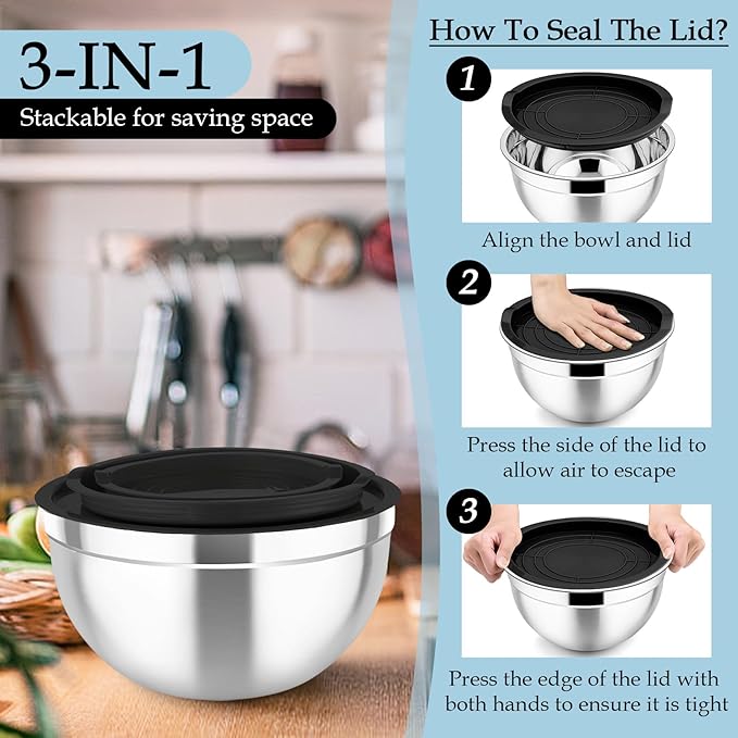 TeamFar Mixing Bowls, Stainless Steel Nesting Salad Bowls with Lids Set of 3 & 3 Grater Attachments, For Mixing/Serving/Storing, Non-toxic & Long-lasting, Size 4.6/3 / 1.5 QT, Black - Image 6