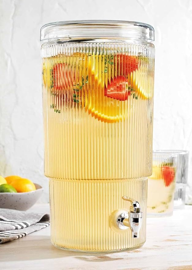 Glass Beverage Dispenser, Clear, 2.75 Gallon Capacity with Leakproof Spigot, Ribbed Design, Glass Lid for Parties and Daily Use, 8x7x14 Inches