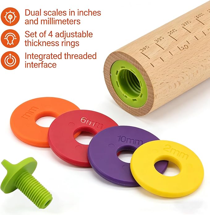 Rolling Pin With Thickness Rings, Adjustable Wooden Rolling Pin Set, 17 inch Rolling Pins for Baking, Biscuit, and Dough Kneading, Pizza Dough, Paster Roller