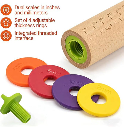 Rolling Pin With Thickness Rings, Adjustable Wooden Rolling Pin Set, 17 inch Rolling Pins for Baking, Biscuit, and Dough Kneading, Pizza Dough, Paster Roller