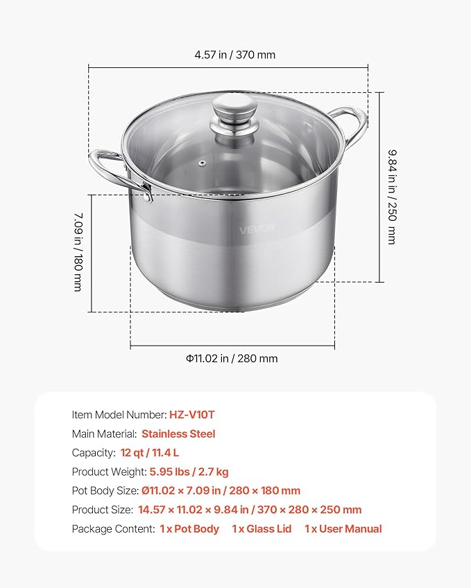 VEVOR Stainless Steel Stock Pot, 12QT Stainless Steel Stockpot with Glass Lid, PFOA-Free, PFAS-Free, Compatible with Gas Stoves, Induction Cooktops, Electric Stoves, for Soups, Stews, and Pasta - Image 7