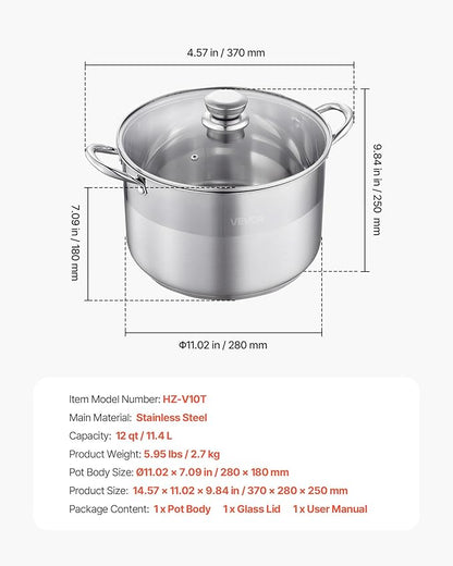 VEVOR Stainless Steel Stock Pot, 12QT Stainless Steel Stockpot with Glass Lid, PFOA-Free, PFAS-Free, Compatible with Gas Stoves, Induction Cooktops, Electric Stoves, for Soups, Stews, and Pasta - Image 7