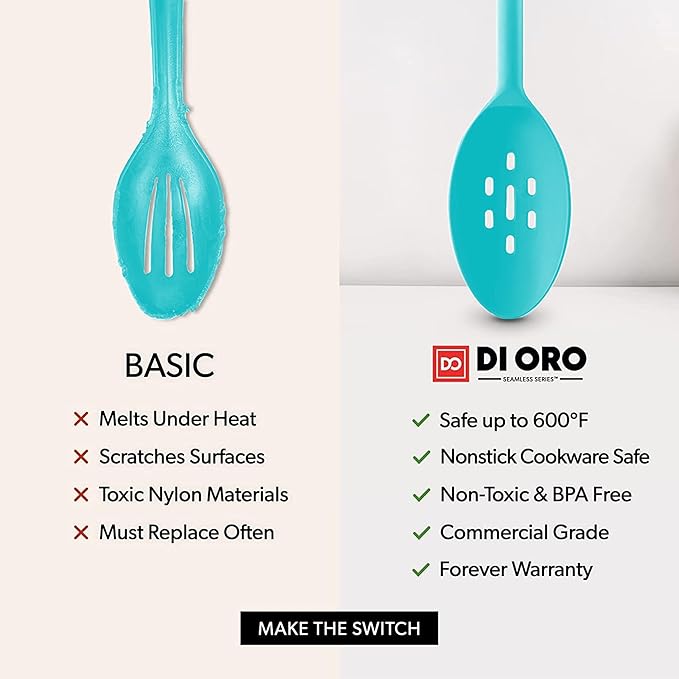 DI ORO Silicone Cooking Spoons - Large Mixing, Serving & Stirring - 600F Heat-Resistant Non-Stick - Big Solid & Slotted Basting Spoons - Dishwasher Safe (2pc, Teal) - Image 7
