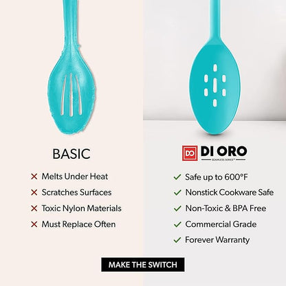 DI ORO Silicone Cooking Spoons - Large Mixing, Serving & Stirring - 600F Heat-Resistant Non-Stick - Big Solid & Slotted Basting Spoons - Dishwasher Safe (2pc, Teal) - Image 7