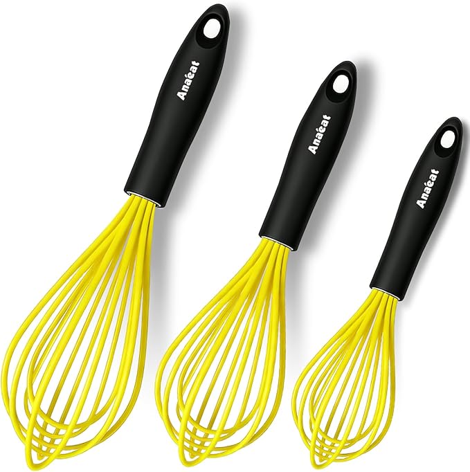 Anaeat Silicone Whisk, Thick Stainless Steel Wire Inner Heat Resistant - Kitchen Whisks for Non-Stick Cookware, Balloon Egg Beater for Whisking, Blending, Beating, Frothing & Stirring (Yellow) by Anaeat