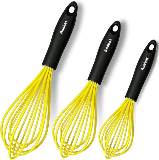 Anaeat Silicone Whisk, Thick Stainless Steel Wire Inner Heat Resistant - Kitchen Whisks for Non-Stick Cookware, Balloon Egg Beater for Whisking, Blending, Beating, Frothing & Stirring (Yellow) by Anaeat