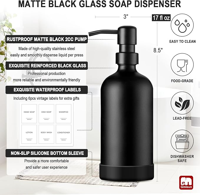 GMISUN Black Soap Dispenser with Silicone Sleeve Boot, 2 Pack Glass Bathroom Hand Soap Dispensers with Stainless Steel Pump, 17 Fl Oz Kitchen Hand and Dish Soap Dispenser Set, Liquid Dispensers Bottle - Image 3