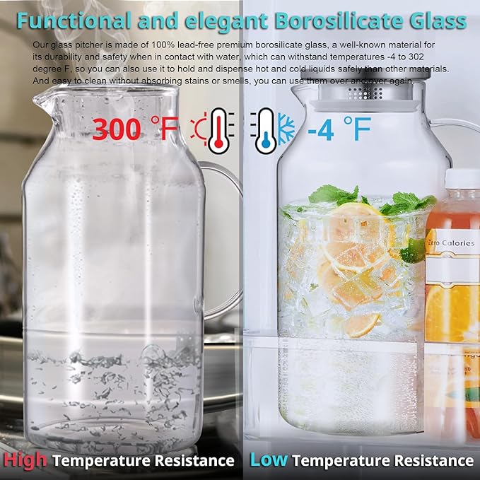 Bivvclaz 1 Gallon Glass Pitcher with Lid and Handle, Water Pitcher for Fridge, Glass Carafe for Hot/Cold Water, Large Iced Tea Jug for Coffee, Juice and Homemade Beverage - Image 5