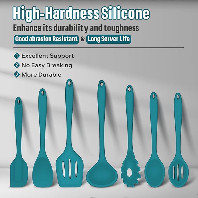 Silicone Cooking Utensils Set, E-far 7-Piece Blue Heat Resistant Kitchen Utensils Set, Kitchen Nonstick Tools Spatula Ladle Spoon Pasta Server for Non-stick Cookware, Non-Toxic & Dishwasher safe - Image 2