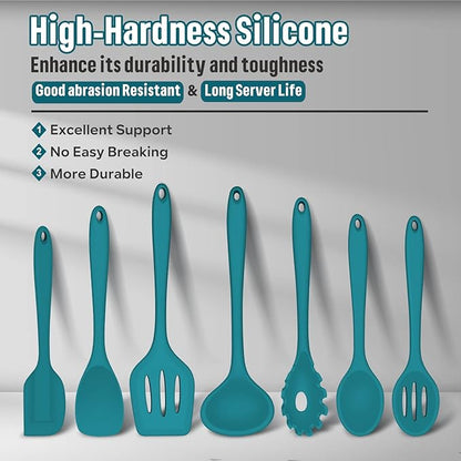 Silicone Cooking Utensils Set, E-far 7-Piece Blue Heat Resistant Kitchen Utensils Set, Kitchen Nonstick Tools Spatula Ladle Spoon Pasta Server for Non-stick Cookware, Non-Toxic & Dishwasher safe - Image 2