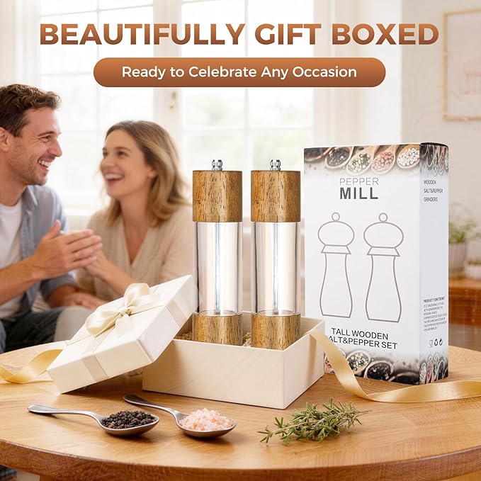 2-Pack Wooden Salt and Pepper Grinder Set - 8 Inch Manual Adjustable Ceramic Grinding, Refillable Acrylic Salt and Pepper Grinder Set, Custom Coarse to Fine Settings, for Home Dining & Gifts - Image 7