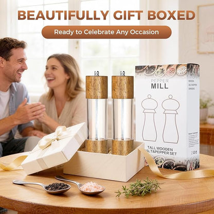 2-Pack Wooden Salt and Pepper Grinder Set - 8 Inch Manual Adjustable Ceramic Grinding, Refillable Acrylic Salt and Pepper Grinder Set, Custom Coarse to Fine Settings, for Home Dining & Gifts - Image 7