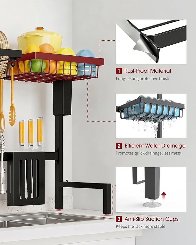 Sakugi Dish Drying Rack - Over the Sink Dish Drainer Drying Rack with Utensil & Knife Holder, Hooks, Stainless Steel Kitchen Organizers and Storage Solution, 11" D x 30.5"~34''W x 21.5" H, Black - Image 3