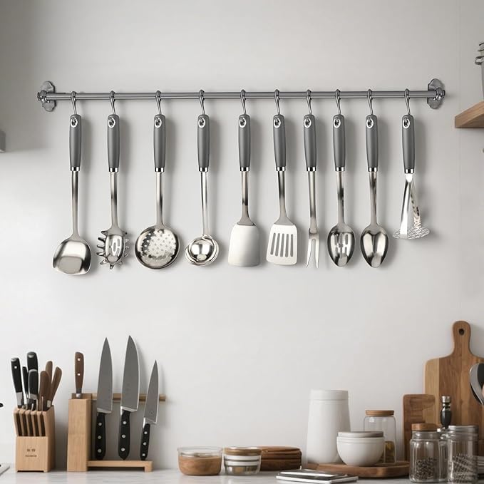 10 Piece Stainless Steel Cooking Utensils Set - 18/0 Heavy Duty Kitchen Tools for Grilling & Serving (Grey) - Image 6