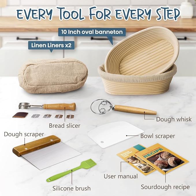 Rorecay Banneton Bread Proofing Baskets Set of 2, 10 Inch Oval Cane Sourdough Bread Rising Basket Bowls with Sourdough Bread Lame Dough Scraper Basting Brush for Sour Dough Proofing Fermentation - Image 7