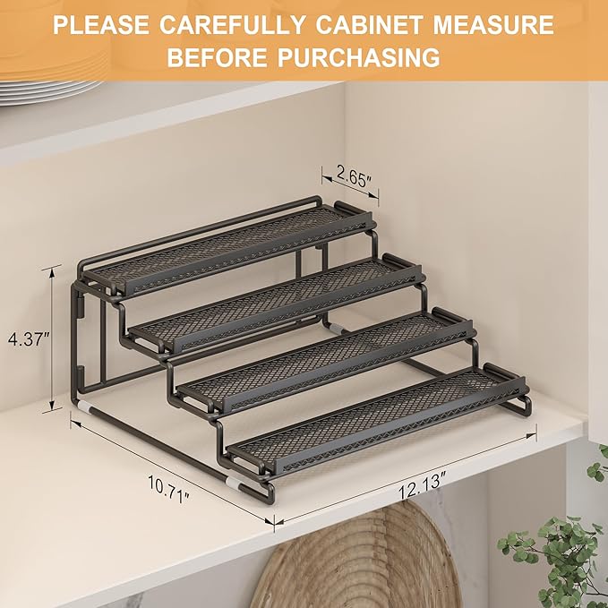 4 Tier Spice Rack Organizer for Cabinet - Black (2 Pack) | Spice Holder Shelf with Protection Railing for Inside Cabinets, Countertop, Pantry Storage & Seasoning Organization - Image 6
