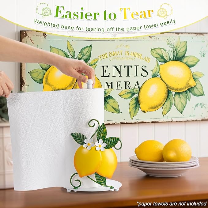 Lemon Paper Towel Roll Holder Countertop - Lemon Housewarming Gifts for Women, Farmhouse Kitchen Decor and Accessories, Vintage Home Yellow Kitchen Counter Decor, 3D Handmade Pattern, Weighted Base - Image 4