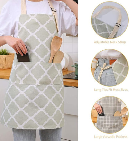 Tosewever 2 Pack Cotton Adjustable Bib Apron for Women, Cooking Kitchen Aprons with Pockets BBQ Drawing, Mom Woman Men Chef (Cotton - Grey/Green, 2)