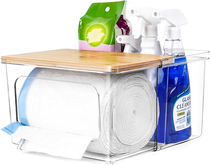 iCASA Trash Bag Dispenser Under Sink Organizer, 2-in-1 Acrylic Trash Bags Holder with Bamboo Lid, Holds Large Rolls up to 100 Count, Garbage Bag Storage Container for Kitchen, Pantry, Laundry Room by iCASA
