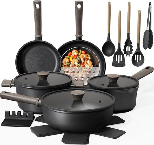 Astercook 19 Pcs Pots and Pans Set Non Stick, Black Titanium Induction Kitchen Cookware Sets, Non toxic Healthy Kitchen Cooking Set with Frying Pans Set, PFAS PTFE PFOA PFOS Free, Mothers Day Gifts by Astercook