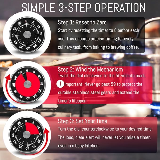 Kitchen Magnetic Visual Cooking Mechanical Timer with Loud Alarm, No Batteries Required, Stainless Steel, Countdown 60 Minute Wind Up Timer for Study, Chef, Teacher, Office (White with Bracket)