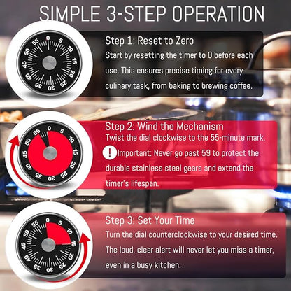 Kitchen Magnetic Visual Cooking Mechanical Timer with Loud Alarm, No Batteries Required, Stainless Steel, Countdown 60 Minute Wind Up Timer for Study, Chef, Teacher, Office (White with Bracket)