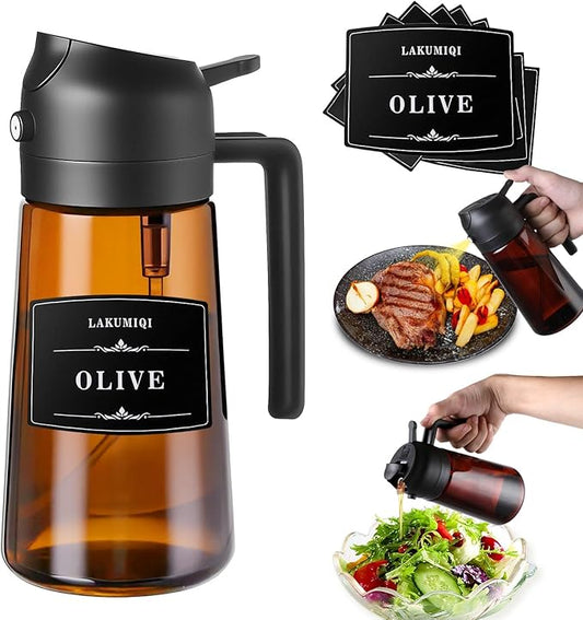 LAKUMIQI 2-in-1 Olive Oil Sprayer for Air Fryer – 16oz Glass Oil Dispenser & Cooking Oil Mister – Spray & Pour Bottle, Non-Aerosol, Leak-Resistant, for Salad, BBQ, Kitchen by LAKUMIQI
