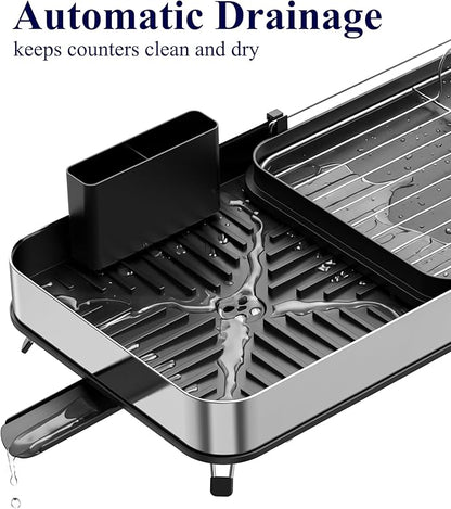 Kitsure Dish Drying Rack - Expandable Stainless Steel Dish Racks for Kitchen Counter, Auto-Drain Drying Rack for Kitchen with Cutlery Holder & Non-Slip Feet, 16.1-26.6" L x 12.6" W, Black - Image 5