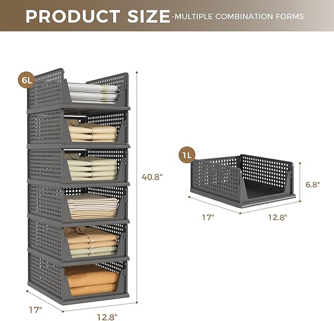 Pinkpum 6 Pack Black Closet Organizers and Storage Plastic Stackable Storage Bins, Morden Foldable Drawer Shelf Storage Container for Wardrobe Kitchen Bathroom Dorm - Image 3