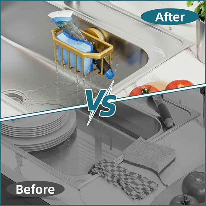 TAILI Sponge Holder for Kitchen Sink with Strong Suction Cup Removable, Rustproof Aluminum Sink Caddy for Sponge, Brush, Scrubber, Scraper -Gold - Image 8