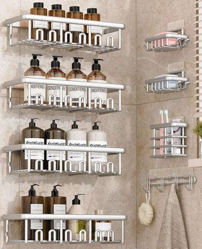 8 Pack Adhesive Rustproof Shower Shelves with Soap Dishes, Toothbrush Holder & Hooks, Large Capacity No-Drilling Shower Shelves Rack for Bathroom Organizers and Storage Accessories, Silver