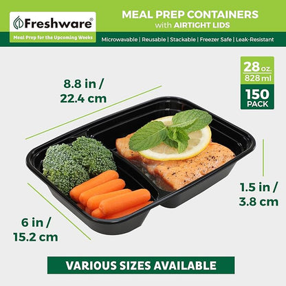 Freshware Meal Prep Containers with Lids 28 oz [150 Pack] 2-Compartment Food Storage Containers, Bento Box Lunch Containers, BPA Free, Airtight, Stackable, Reusable, Microwave/Dishwasher/Freezer Safe