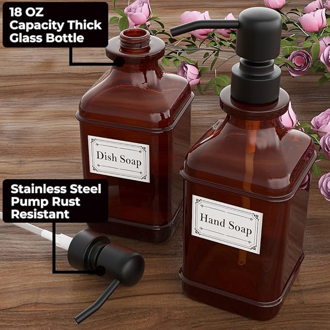 GLADPURE Soap Dispenser 2 Pack, Hand Soap Dispensers with 18 Oz Antique Design Thick Amber Glass Bottle, 316 Rust Proof Stainless Steel Black Pump, 6Pcs Stickers, for Lotion, Soap, Essential Oil - Image 2