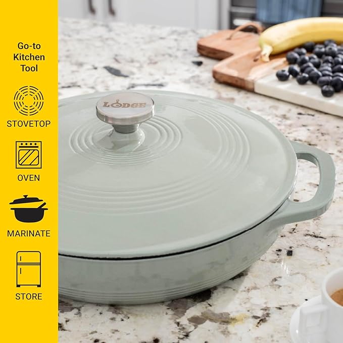Lodge Essential Enamel Braiser - Refrigerator- & Oven-Safe up to 500° F - Heat-Retaining, Induction-Safe & PFAS-Free Enamel Cookware - 3.5 Quart, Desert Sage - Image 5