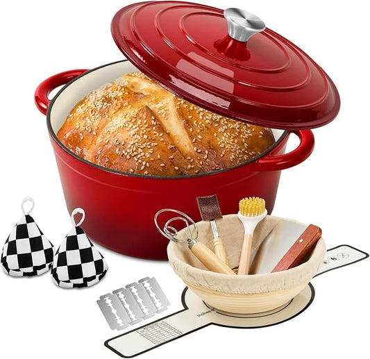 Enameled Cast Iron Dutch Oven with Lid -6.5 QT, incl. Sourdough Bread-Baking Supplies like Banneton Proofing Basket, Heavy Duty Cookware Bread-Oven for Baking, Stews, and Roasting, Cherry Red by Blingco