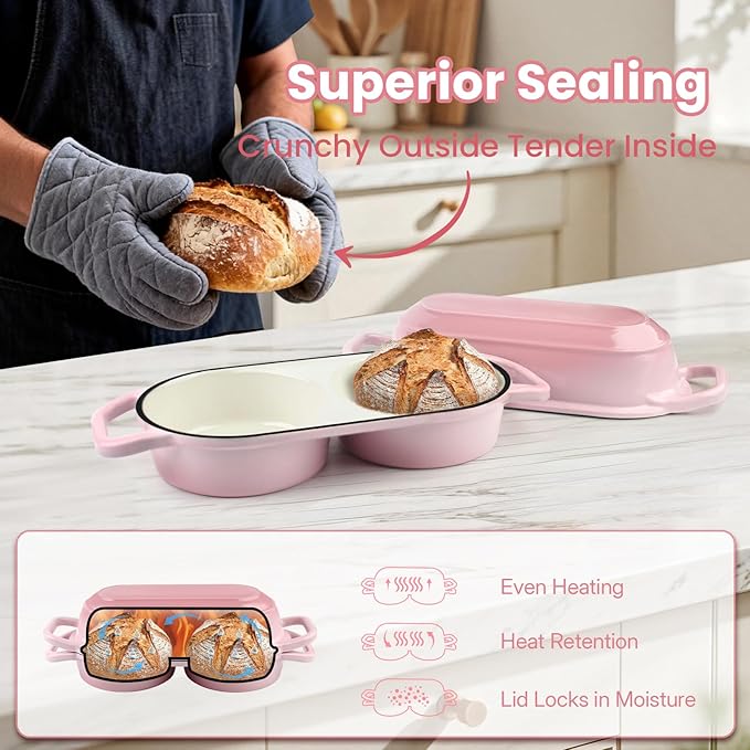 YONILL Mini Double Dutch Oven for Sourdough Bread Baking - Enameled Cast Iron Dutch Oven Pot with Lid and 5" Banneton Bread Proofing Basket Kit, Dual Round Bread Loaf Pan for Homemade Baking (Pink) - Image 4