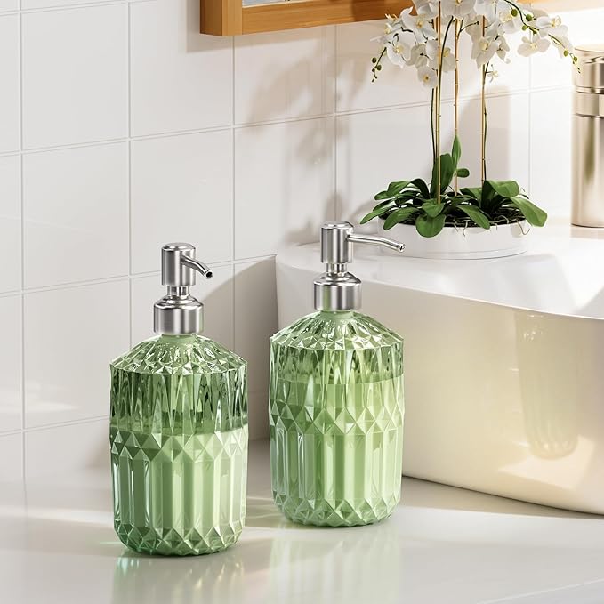 AmazerBath Soap Dispenser, 2 Pack Green Glass Soap Dispenser with Pump Stainless Steel, 14.2OZ Refillable Hand Soap Bottles Bathroom Kitchen - Image 6