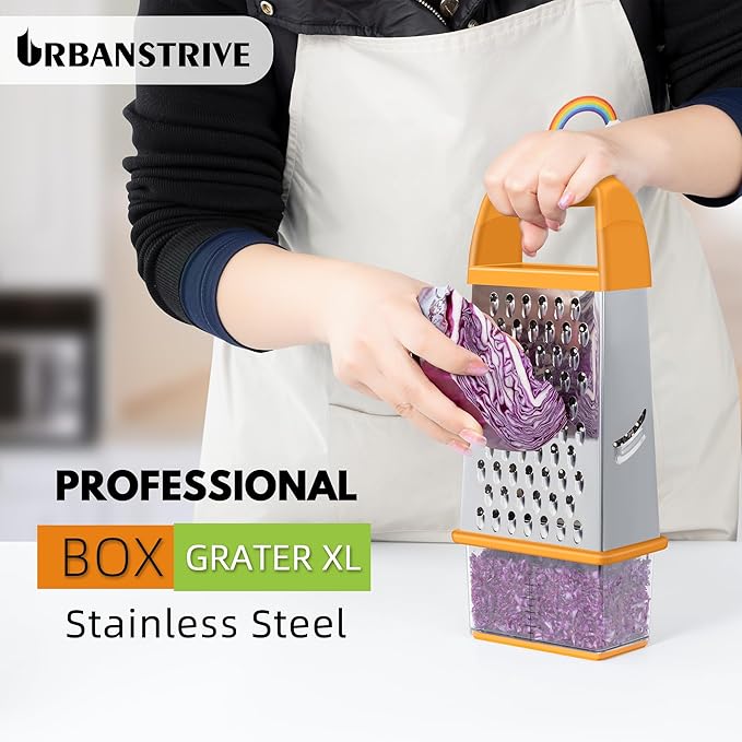 Urbanstrive Cheese Grater With Container, Professional Cheese Grater with Handle, Stainless Steel Graters for Kitchen Handheld, Box Grater with 4 Sides for Vegetables, Ginger, Potatoes (Orange) - Image 5