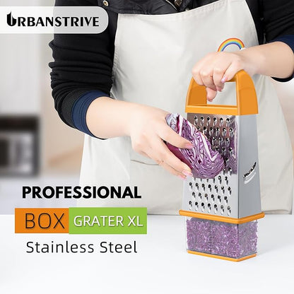 Urbanstrive Cheese Grater With Container, Professional Cheese Grater with Handle, Stainless Steel Graters for Kitchen Handheld, Box Grater with 4 Sides for Vegetables, Ginger, Potatoes (Orange) - Image 5