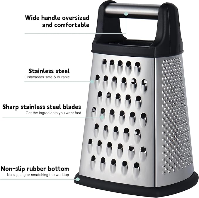 Kaishun Professional Cheese Grater, 4-Sided Stainless Steel Box Grater, Food Shredder for Cheese, Parmesan, Vegetable, Black - Image 2