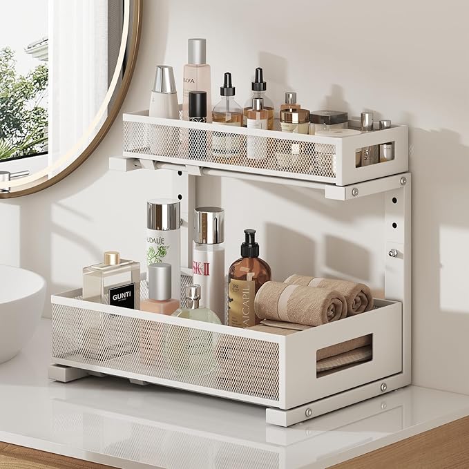 1 Pack-11.4"-16.14"H Under Sink Storage Organizer, Large 2-Tier Elegant Mesh Pull Out Shelf for Kitchen and Bathroom Cabinet Organization, L-Shaped and Adjustable Height Design for Maximum Space-White - Image 7