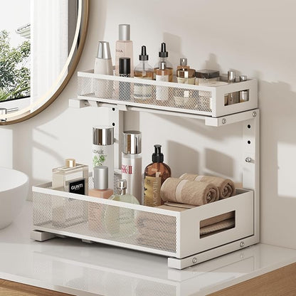 1 Pack-11.4"-16.14"H Under Sink Storage Organizer, Large 2-Tier Elegant Mesh Pull Out Shelf for Kitchen and Bathroom Cabinet Organization, L-Shaped and Adjustable Height Design for Maximum Space-White - Image 7