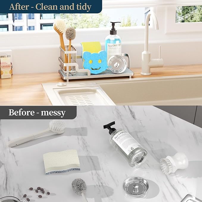 Consumest Sponge Holder for Kitchen Sink - Sink Caddy Organizer with Water Absorbing Stone Tray, Detachable Brush Holder, Stainless Steel Kitchen Counter Organizer Rack, Sand Nickel - Image 4