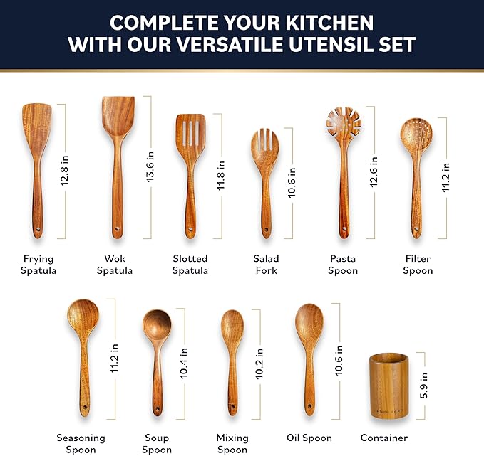 Home Hero Wooden Utensil Set 11 Pcs – Natural Teak Wooden Kitchen Utensils Set with Sturdy, Easy-to-Clean Wooden Spoons for Cooking – Non-Scratch Teak Cooking Utensils (11 pcs) - Image 3