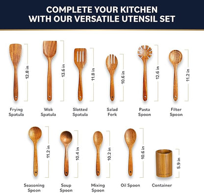Home Hero Wooden Utensil Set 11 Pcs – Natural Teak Wooden Kitchen Utensils Set with Sturdy, Easy-to-Clean Wooden Spoons for Cooking – Non-Scratch Teak Cooking Utensils (11 pcs) - Image 3