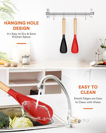 Cooking Spoon for Nonstick Cookwares, Great for Cooking and Serving Sturdy BPA-Free Matte Silicone, Wood Handle Spoon for Mixing, Scoop, and Scrape (Black & Red, 13.4 inch) - Image 7