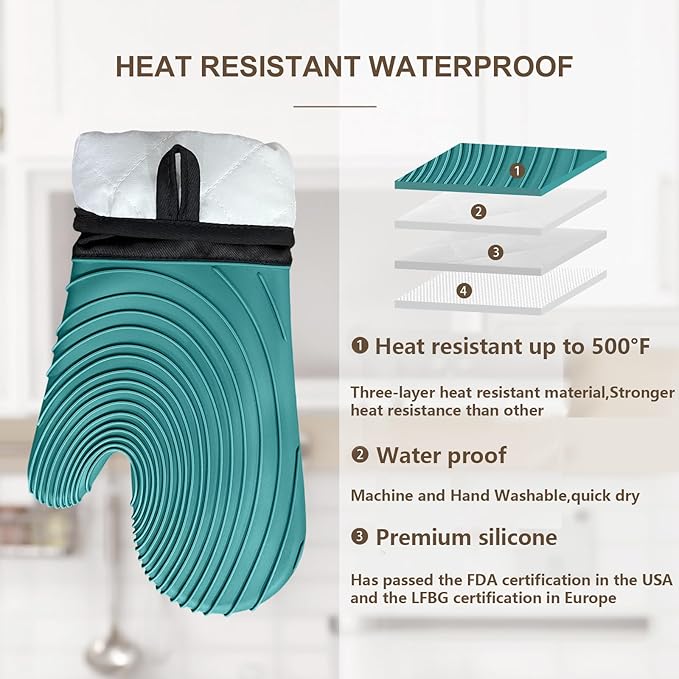 Silicone Oven Mitts-13.6 in Extended Oven Mitts Heat Resistant 500F, Oven Gloves with Soft Liner Good Grippy BPA-Free Easy to Clean Flexible-Oven Mits Set for Cooking Baking Grilling BBQ - Image 3